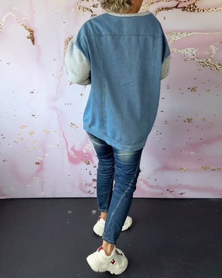 Sweatshirt med patchwork med rund hals