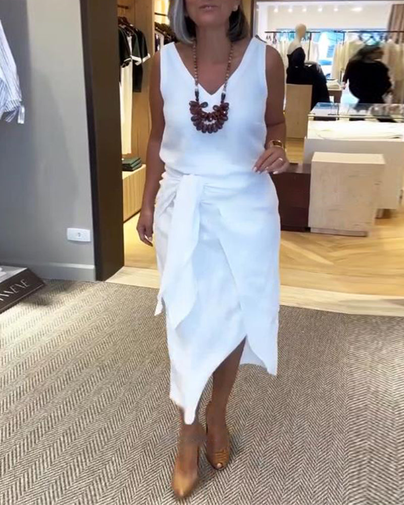 Kjole Ærmeløs V-Hals Ensfarvet