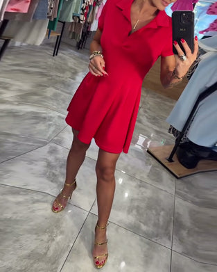 Kjole Revers Kortærmet Plisseret A-Linje