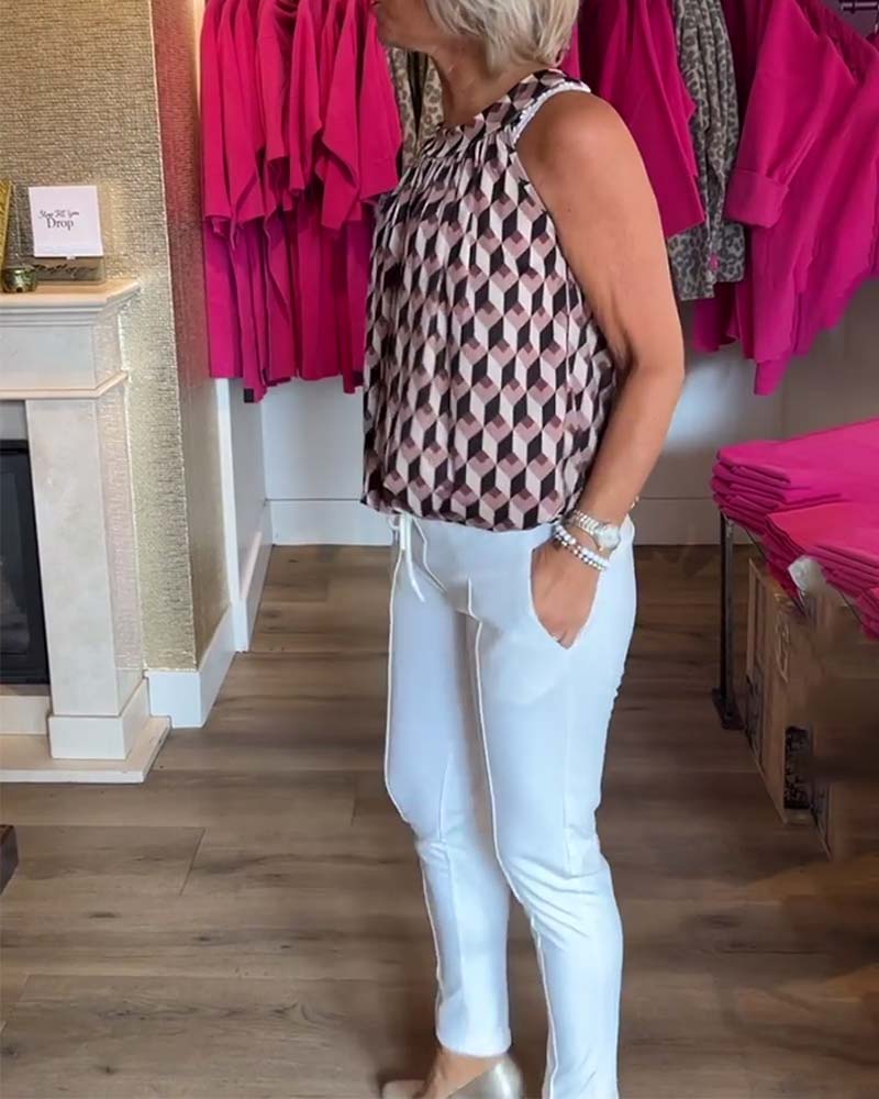 Afslappet top uden ærmer med diamantprint