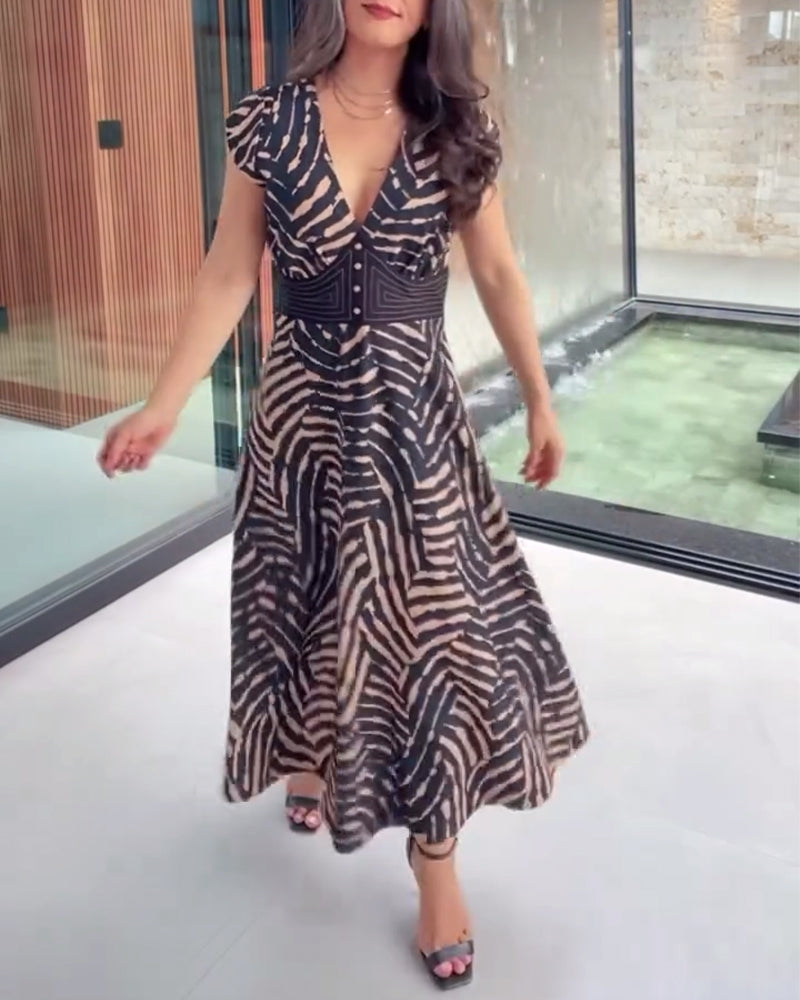 Trykt Kjole Med V-hals & Lotusblad-ærmer