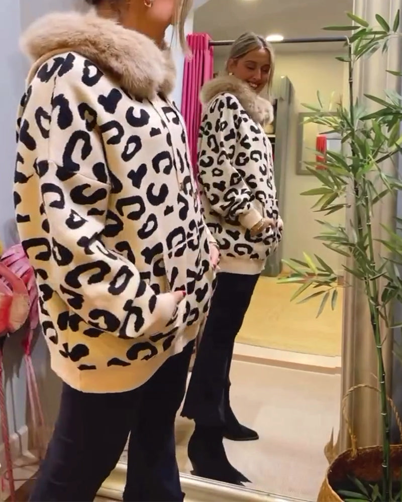 Leopardprint sweater med pelshætte