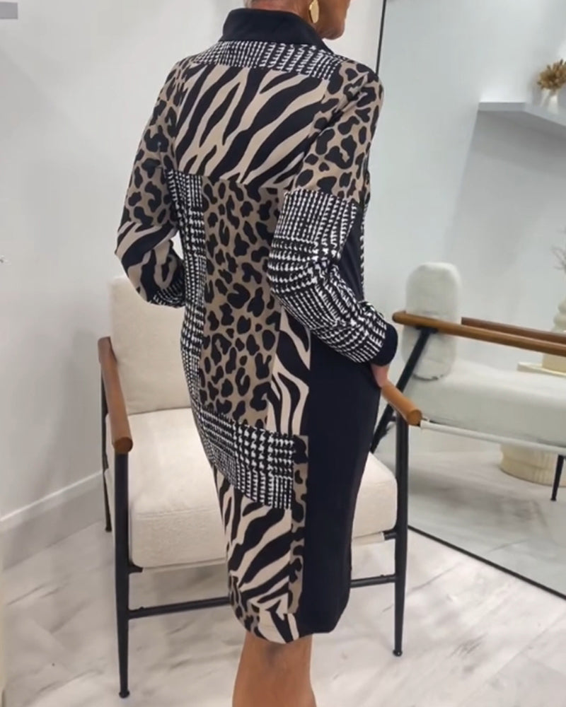 Delvist stribet patchwork-kjole med leopardprint og lynlås