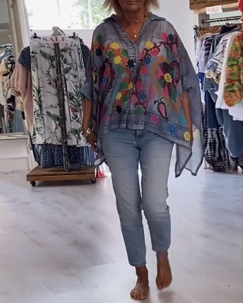 Bluse Uregelmæssig Print Falsk Denim