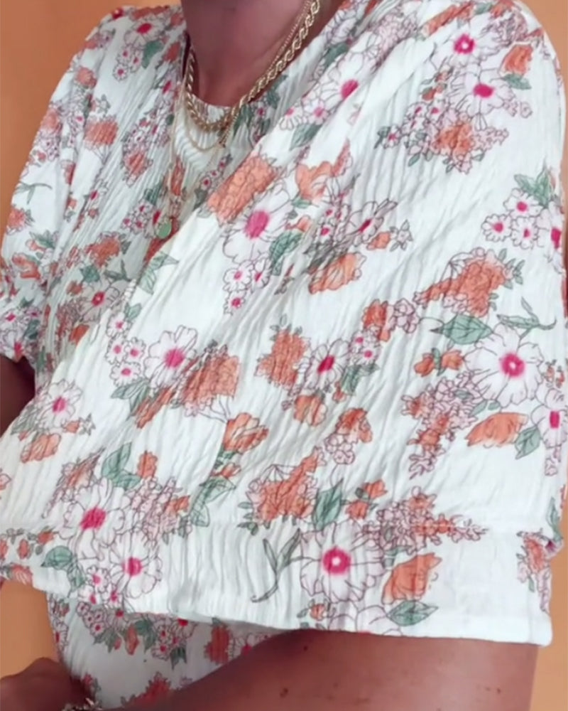 Bluse Rund Hals Blomstret Kort Ærme