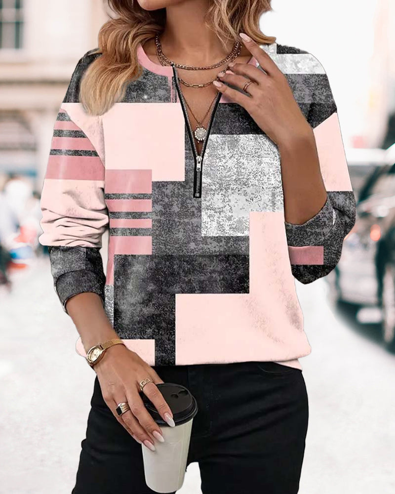 Sweatshirt med halv lynlås og uregelmæssigt geometrisk print
