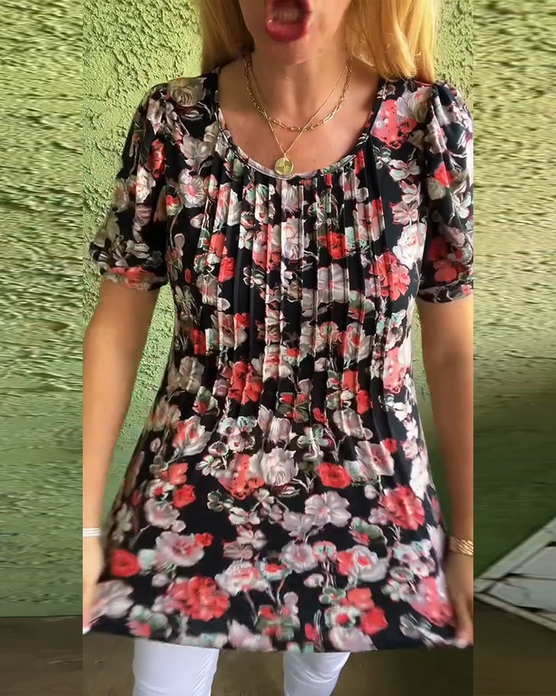 Bluse Rund hals Pufærme Plisseret Blomstret