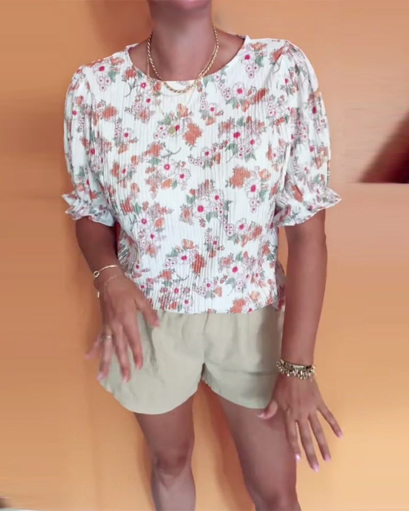 Bluse Rund Hals Blomstret Kort Ærme