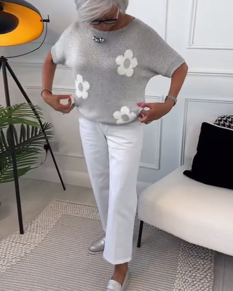 Slim fit striktrøje med rund hals og blomstermotiver