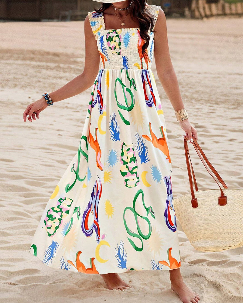 Farverig ærmeløs kjole med dyreprint