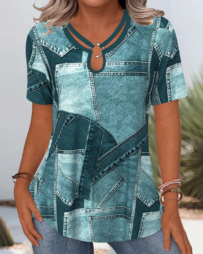 Bluse Vintage Denim Kontrast Udskæring