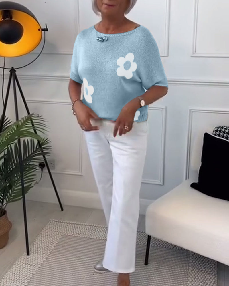 Slim fit striktrøje med rund hals og blomstermotiver