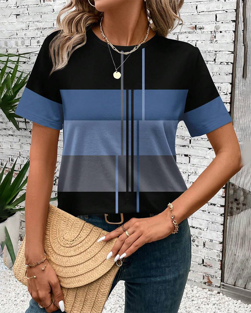 T-Shirt Rund Hals Geometrisk Tryk Kort Ærme