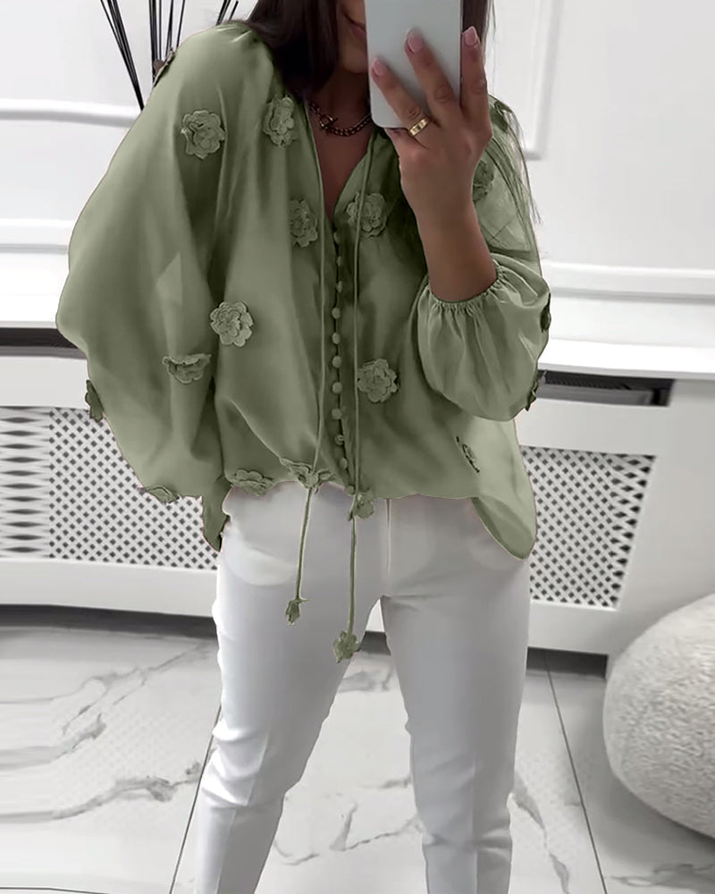 Bluse Ensfarvet 3D-Blomster Snøre