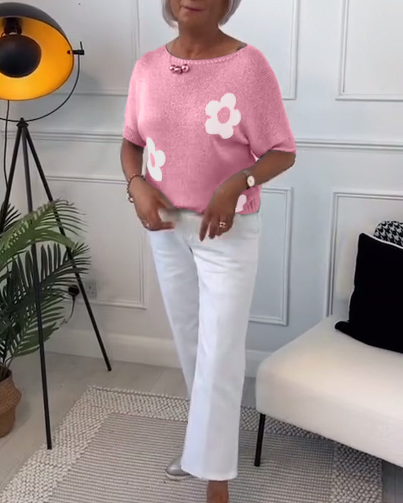 Slim fit striktrøje med rund hals og blomstermotiver