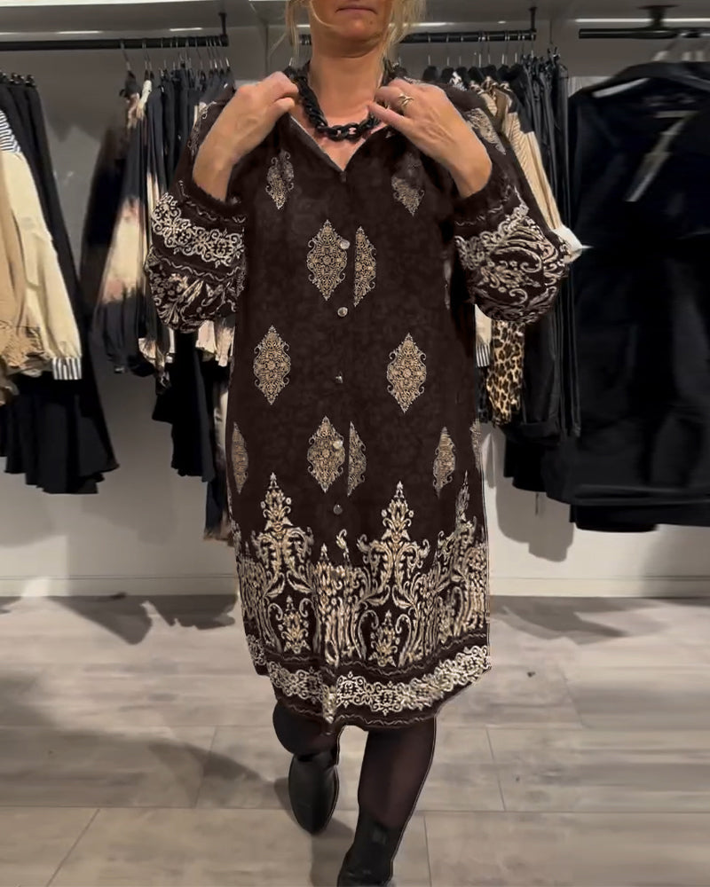 Revers-kjole med vintage-print med knapper