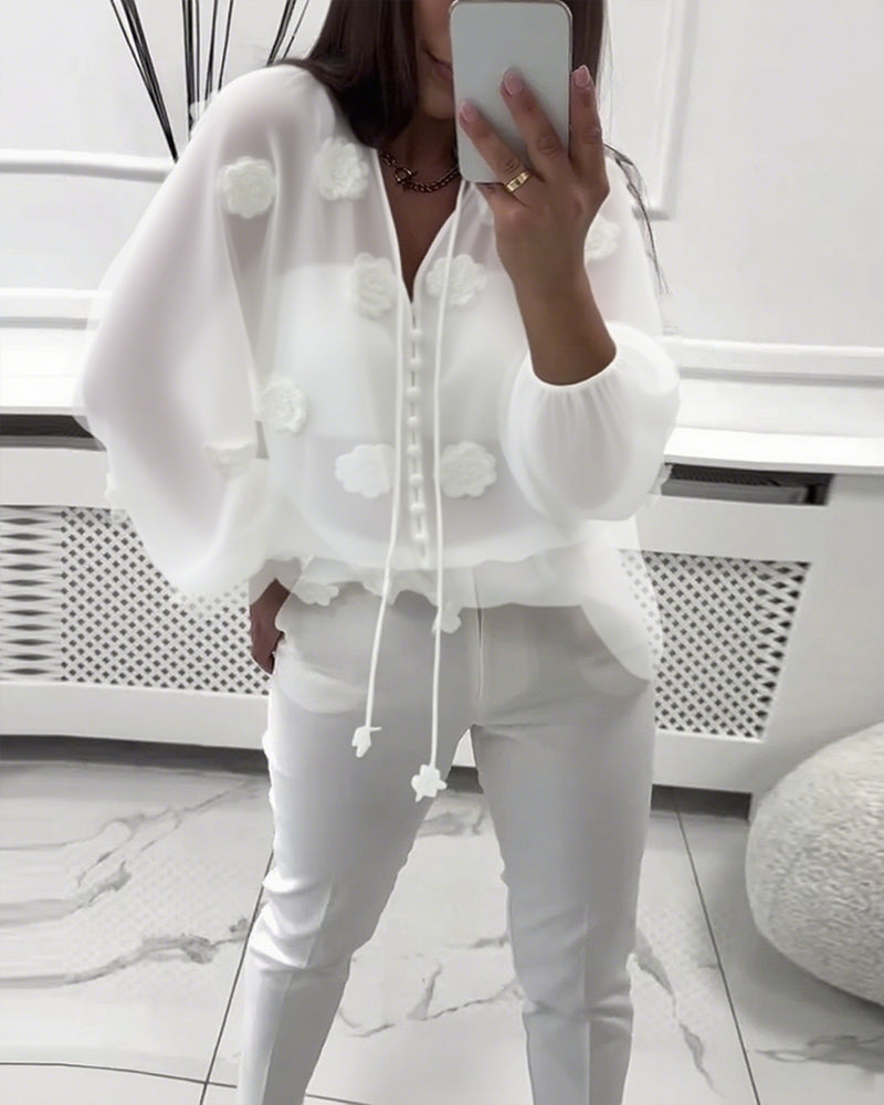 Bluse Ensfarvet 3D-Blomster Snøre