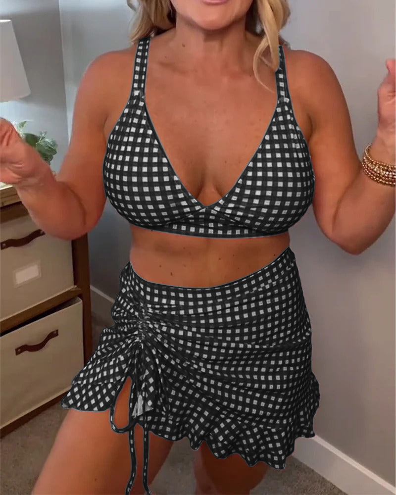 Badedragt med afslappet rem og ternet print i to dele