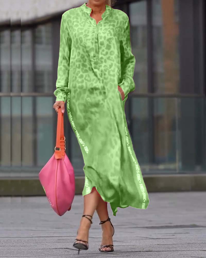 Kjole Langærmet Leopardskriftt Splits