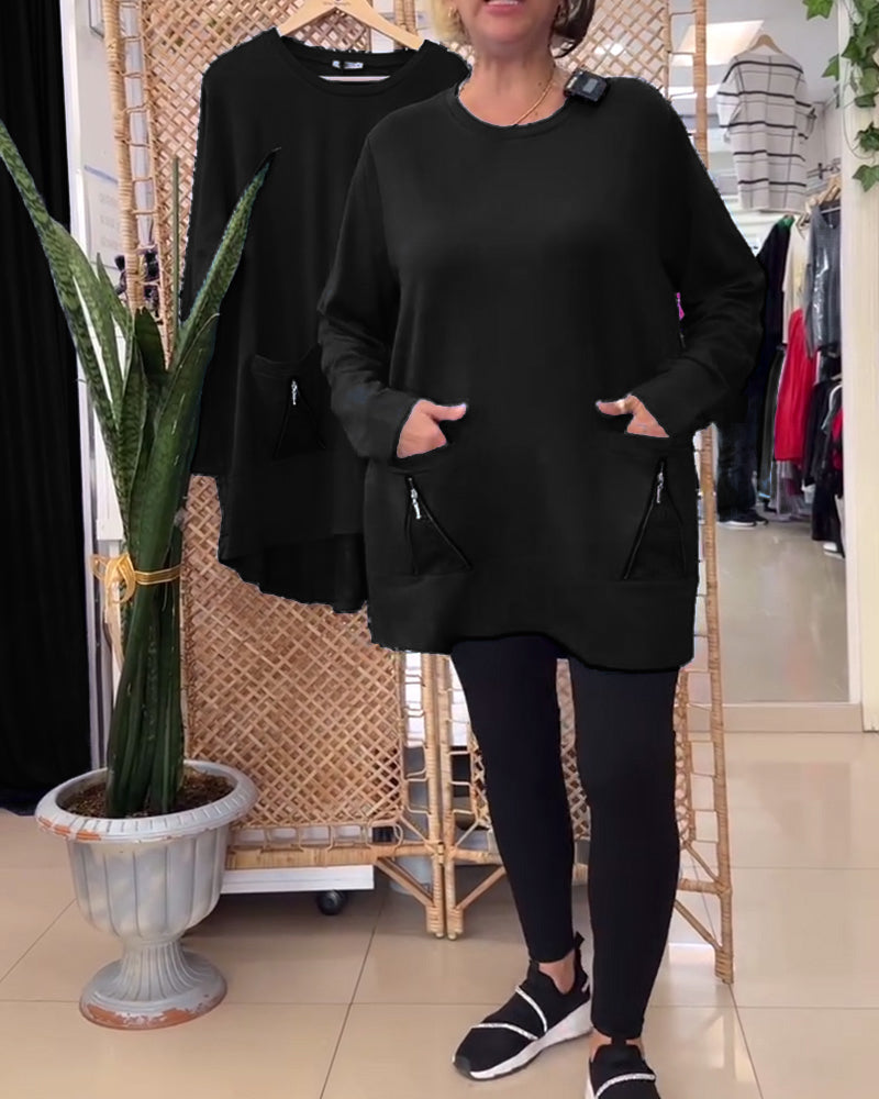 Ensfarvet lynlåslomme til sweatshirt med rund hals