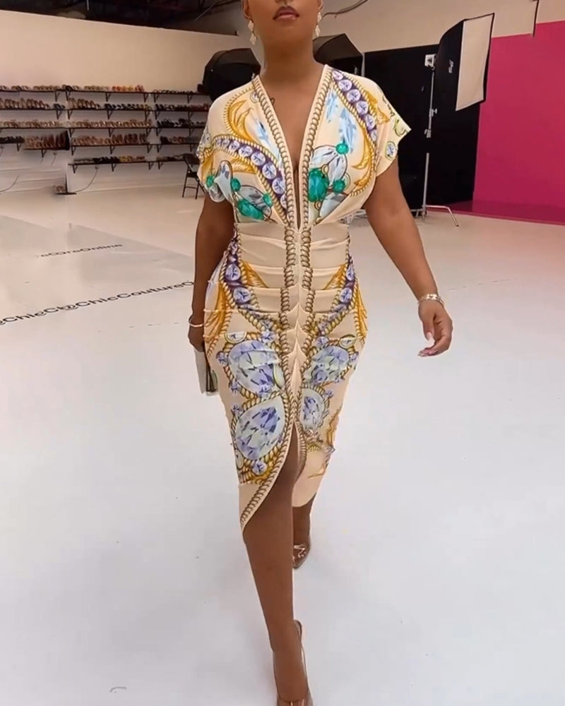 Gul slim fit kjole med print