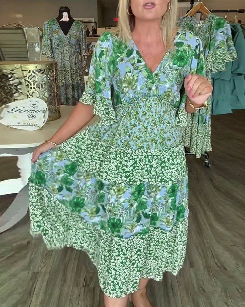 Kjole V-Hals Lotussærme Blomstret