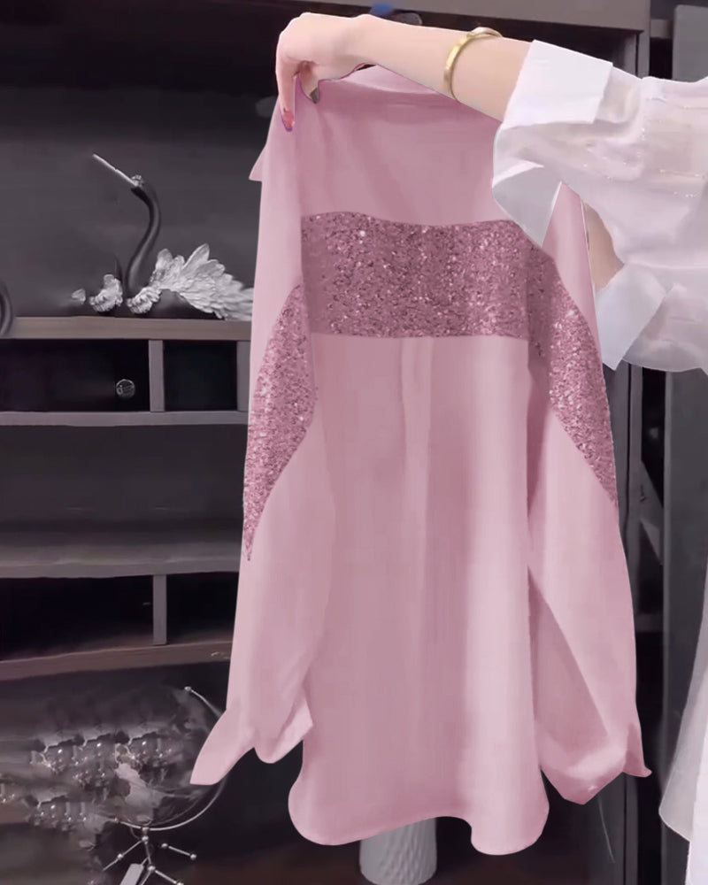 Revers-Paillet-Langærmet Bluse