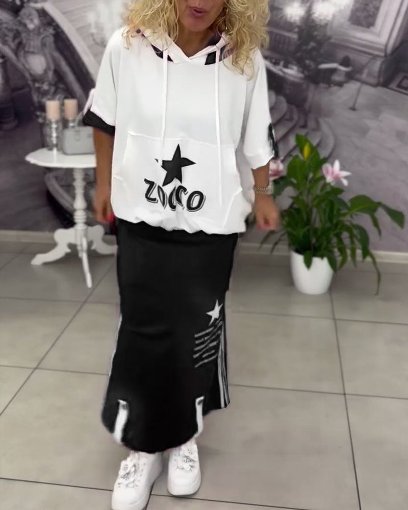 Sæt Med Hætte Snøre Printet Nederdel