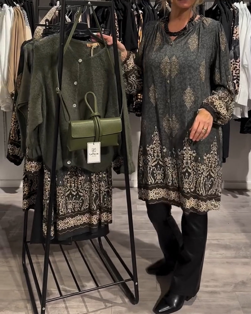 Revers-kjole med vintage-print med knapper