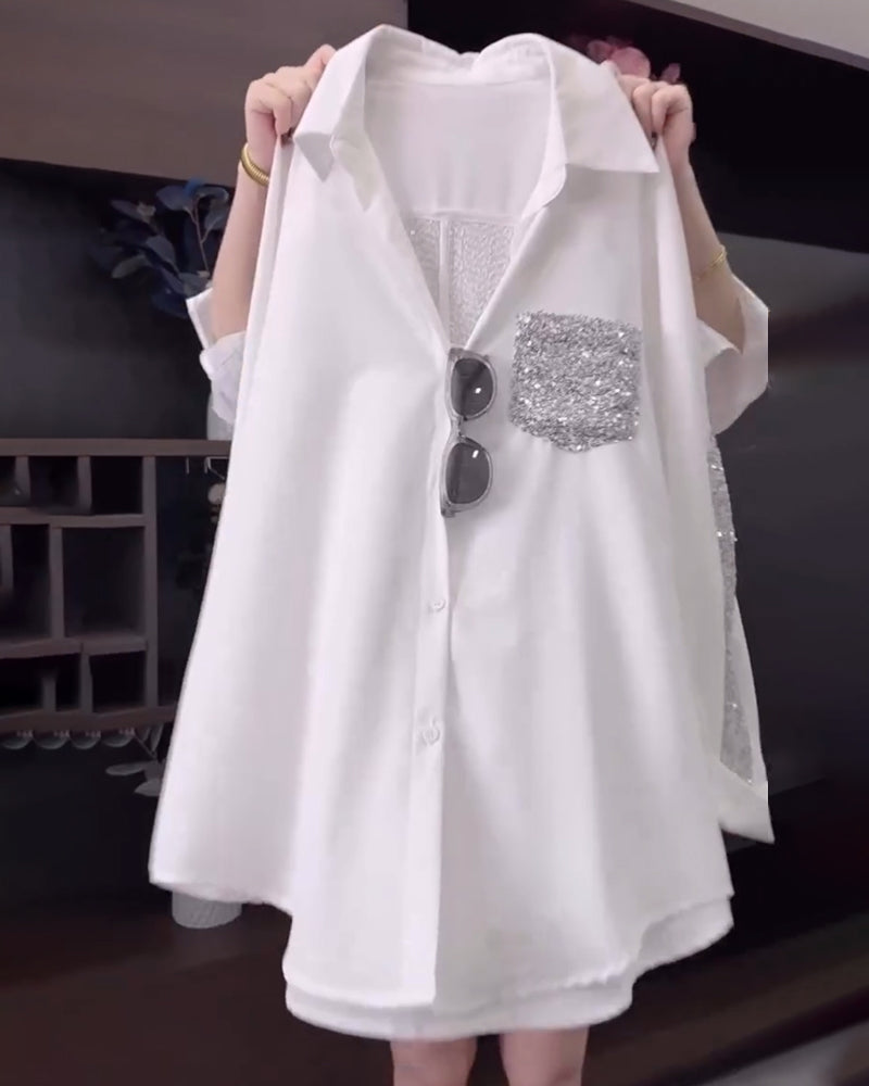 Revers-Paillet-Langærmet Bluse