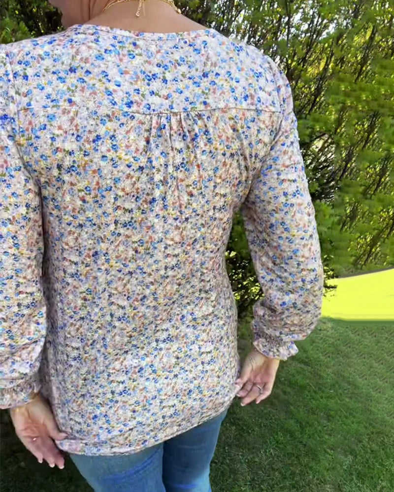 Puffærme-Blomstret Plisseret Top