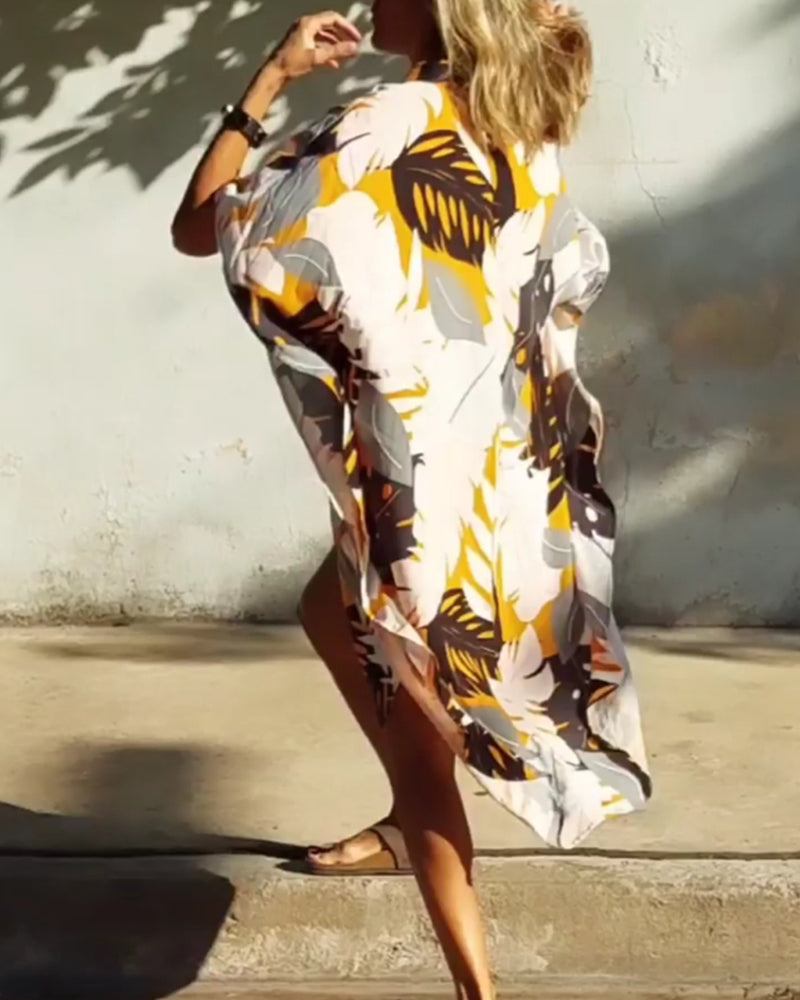 Kjole med lommer og bladprint