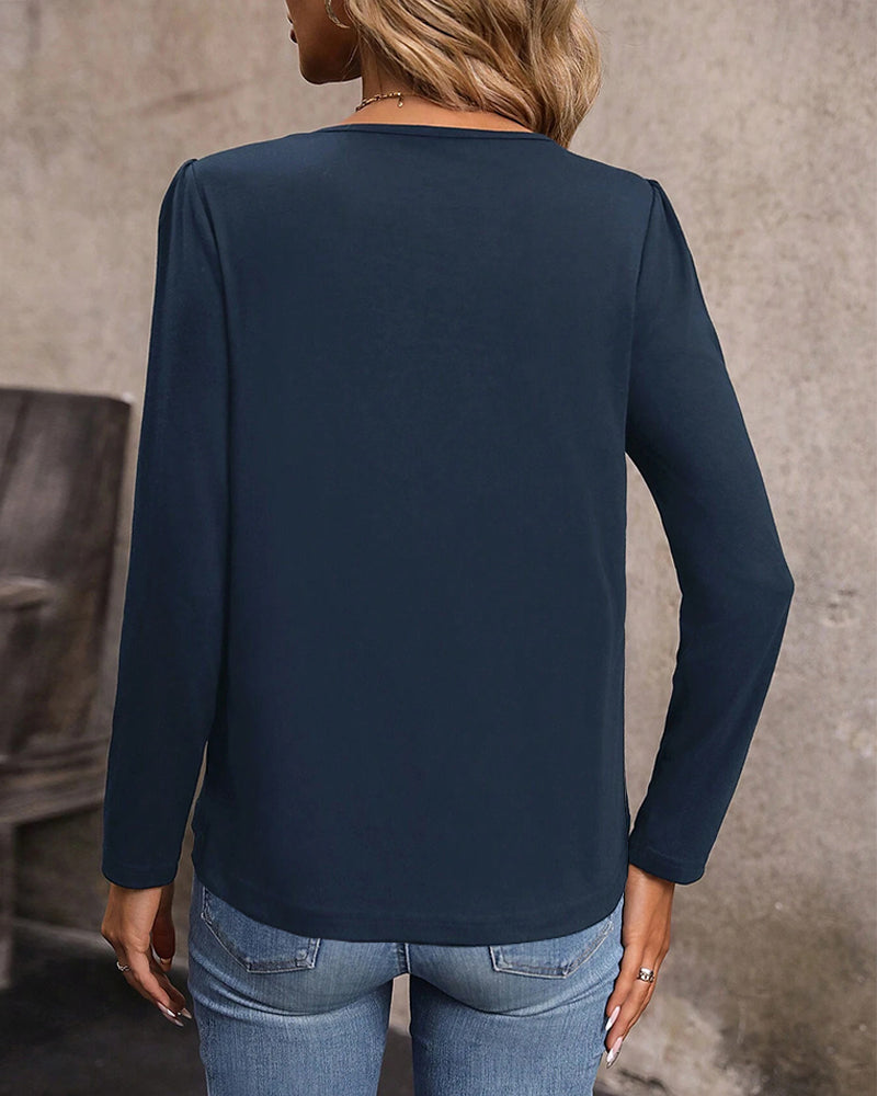 Top Ensfarvet Rund Hals Lange Ærmer