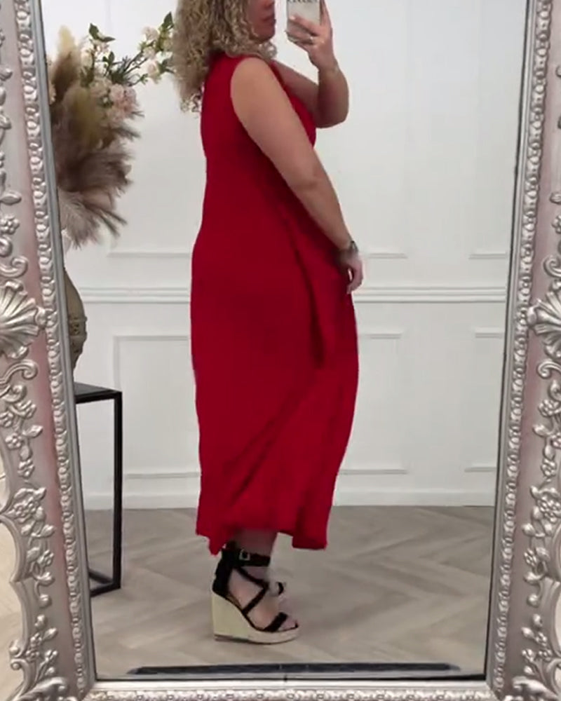 Rød elegant kjole uden ærmer i twist-design
