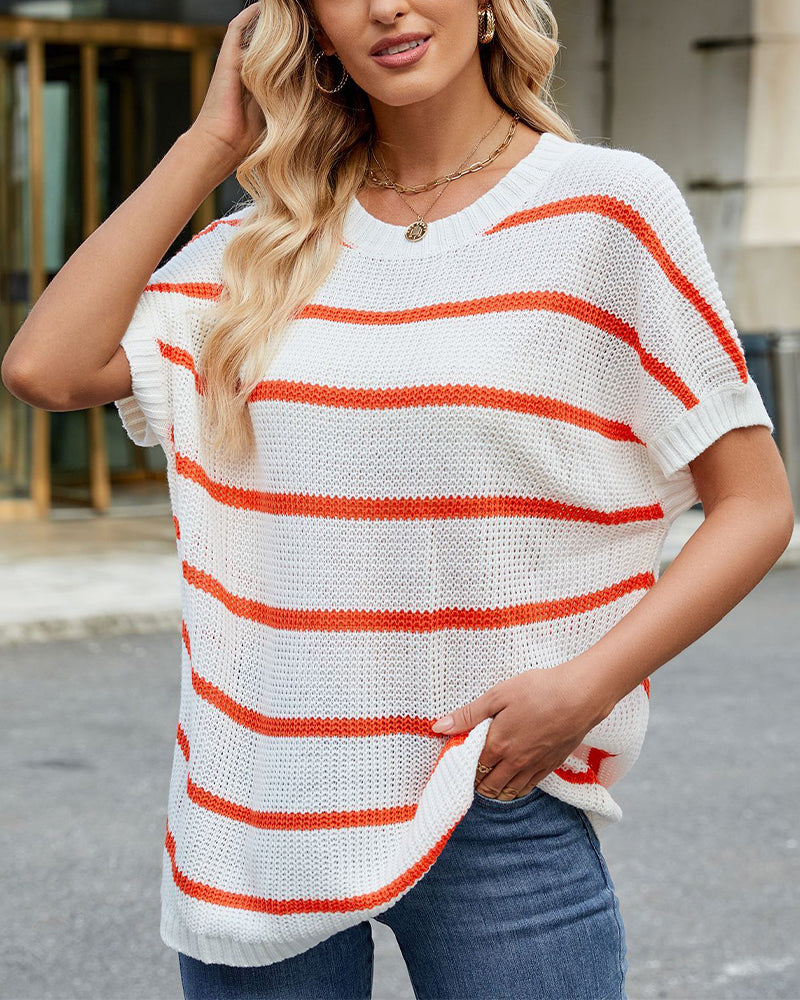 Sweater Stribet Drop Shoulder Kort Ærme