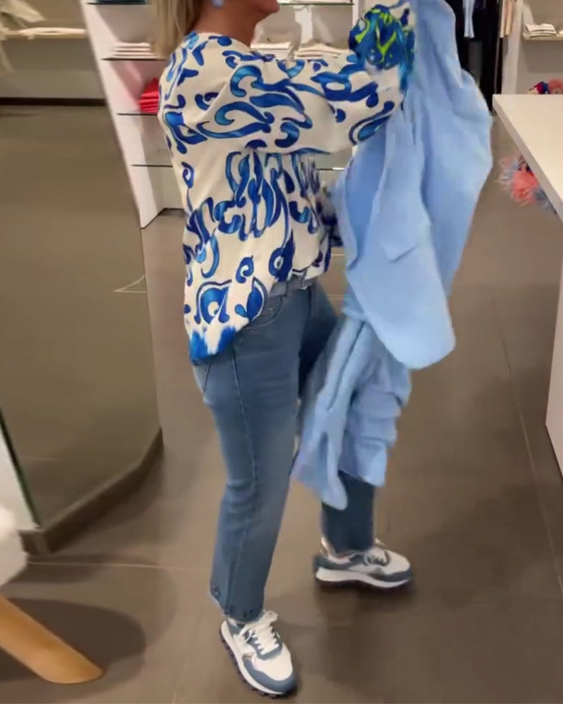 Elegant V-halset top med print