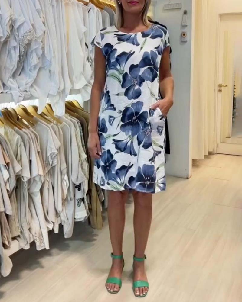 Knælang blomsterkjole med korte ærmer