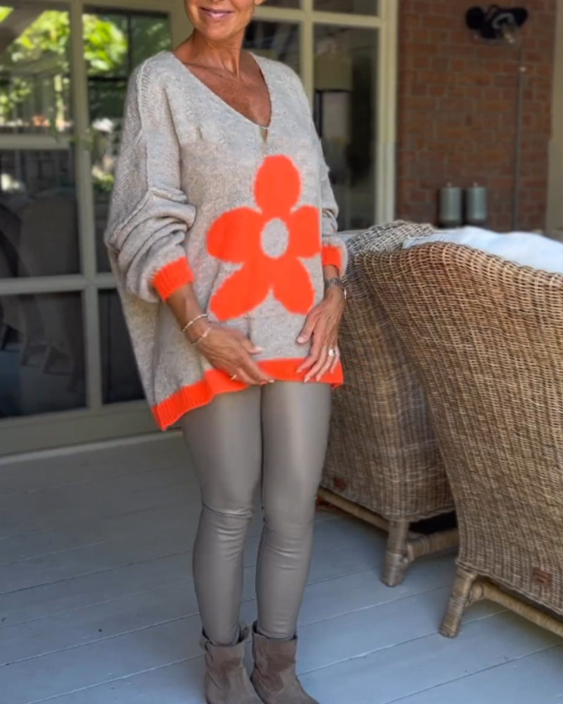 Blomstermønster v-hals sweater