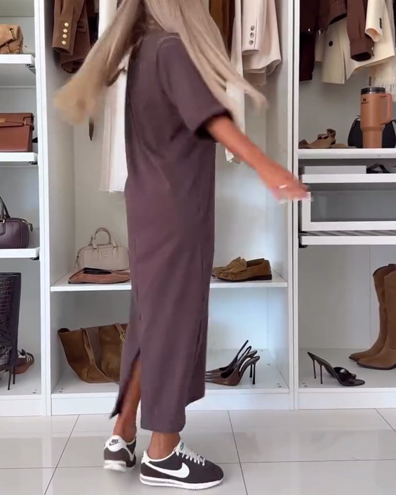 Kjole Ensfarvet Rundhalset Slit Tunika