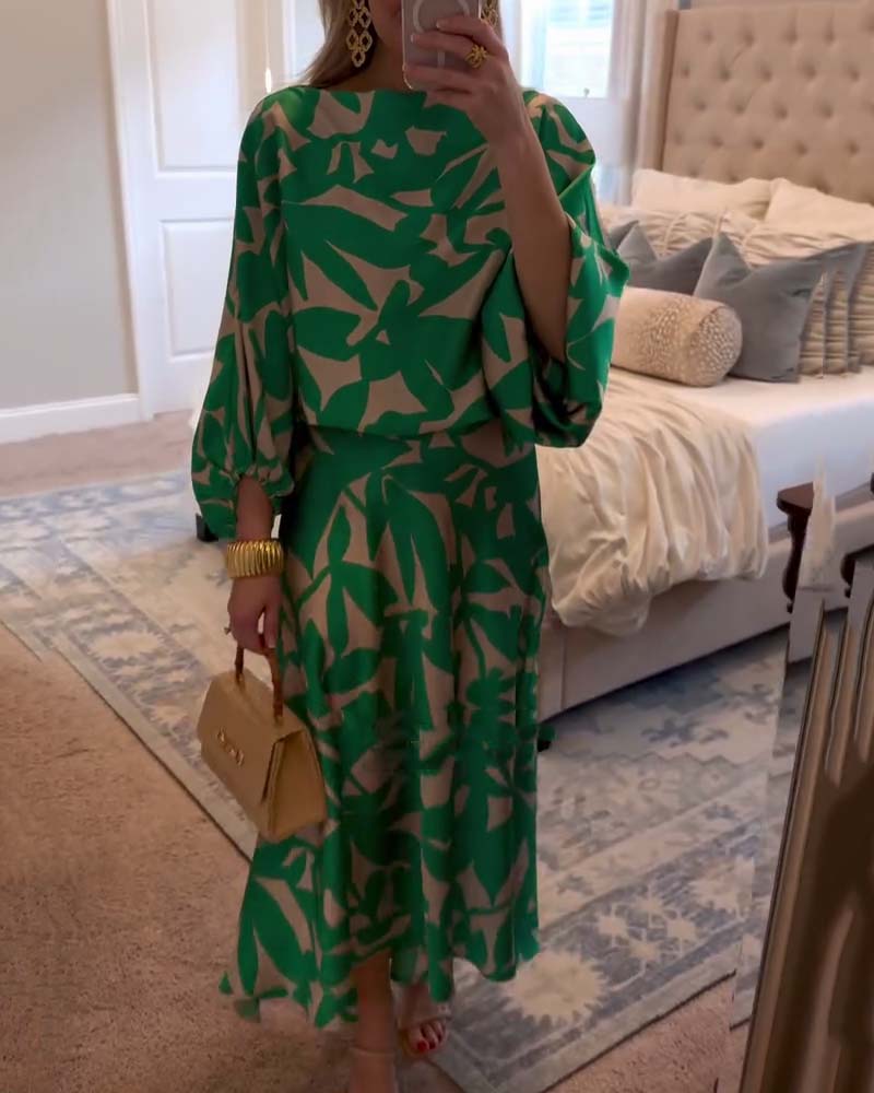 Sæt Kjole Afslappet Trykt Lanterneærmer Temperament