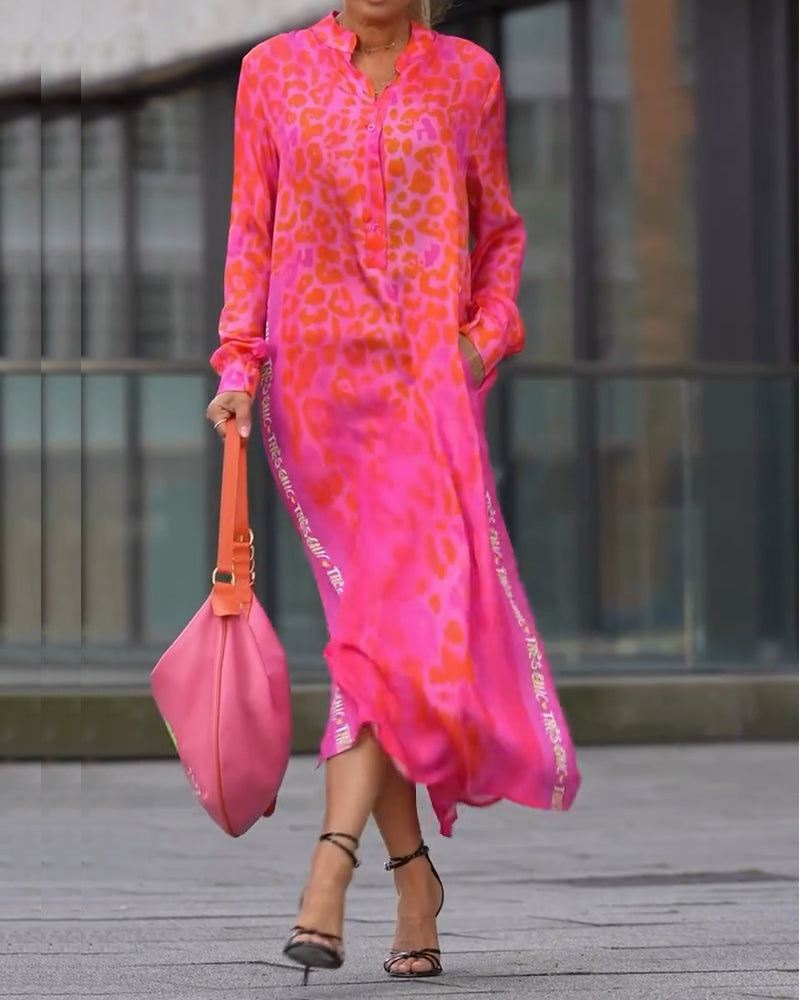 Kjole Langærmet Leopardskriftt Splits