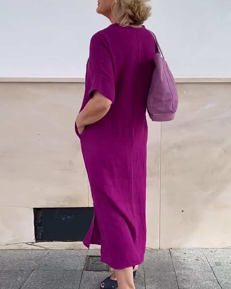 Kjole V-Hals Ensfarvet Simpel Lang