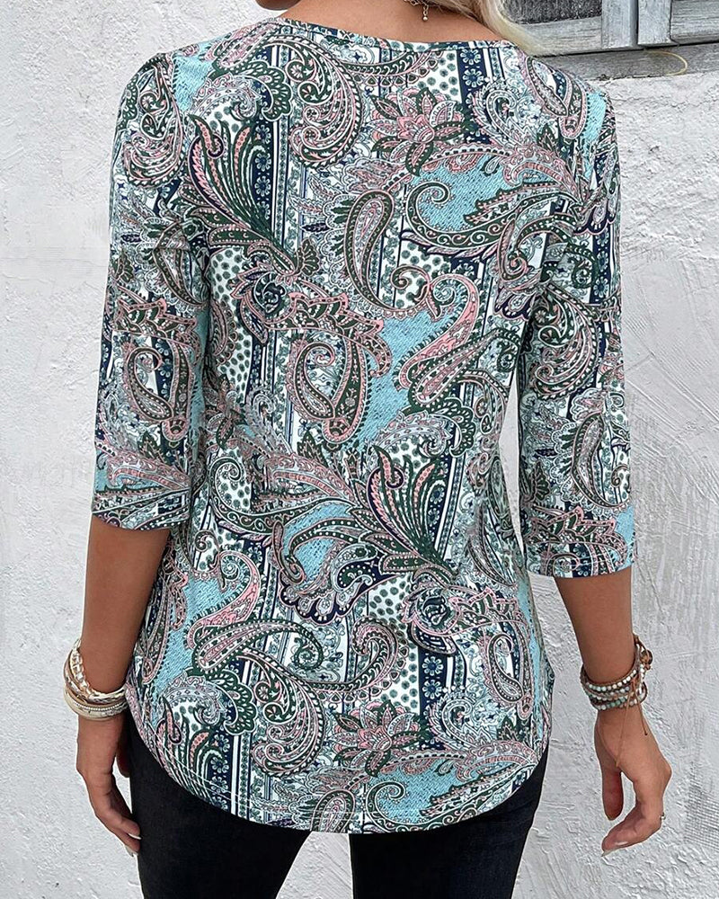 Bluse Trekvartsærme Vintage Tryk
