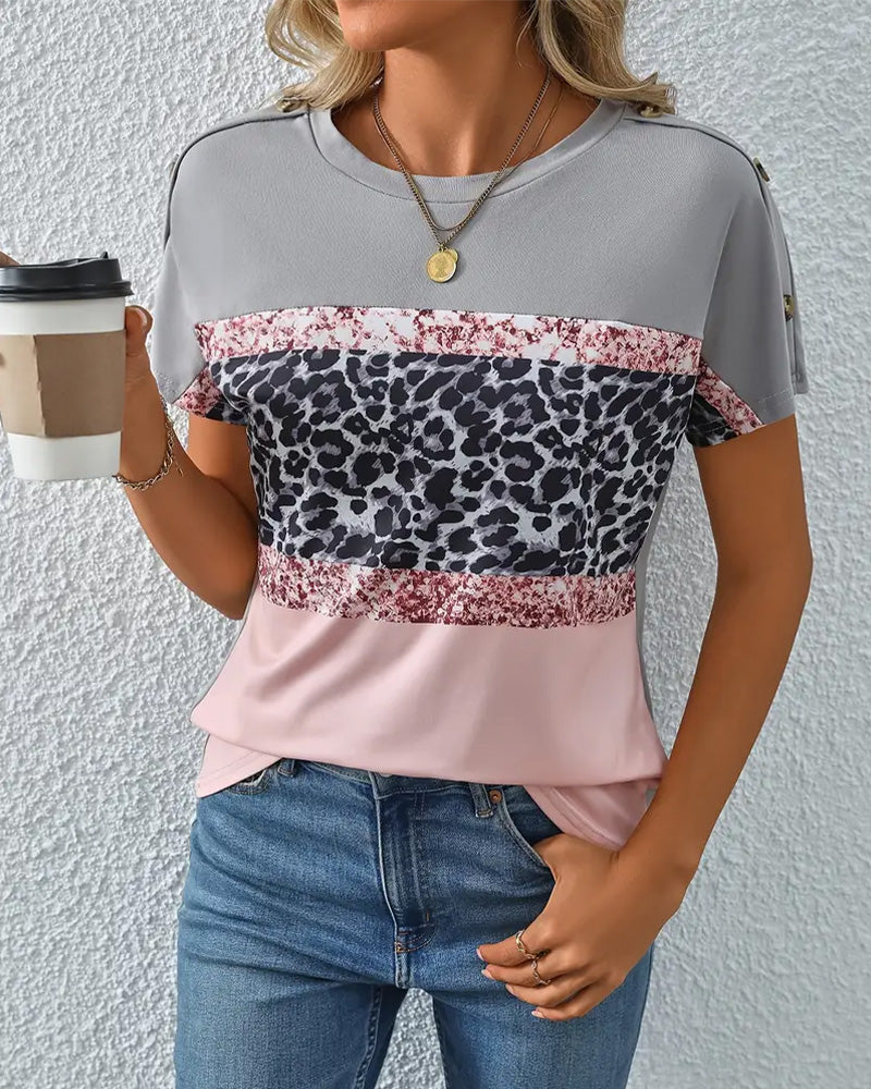 T-Shirt Rund Hals Leopardmønster Farveblok