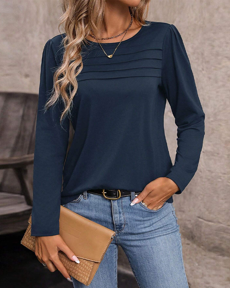Top Ensfarvet Rund Hals Lange Ærmer