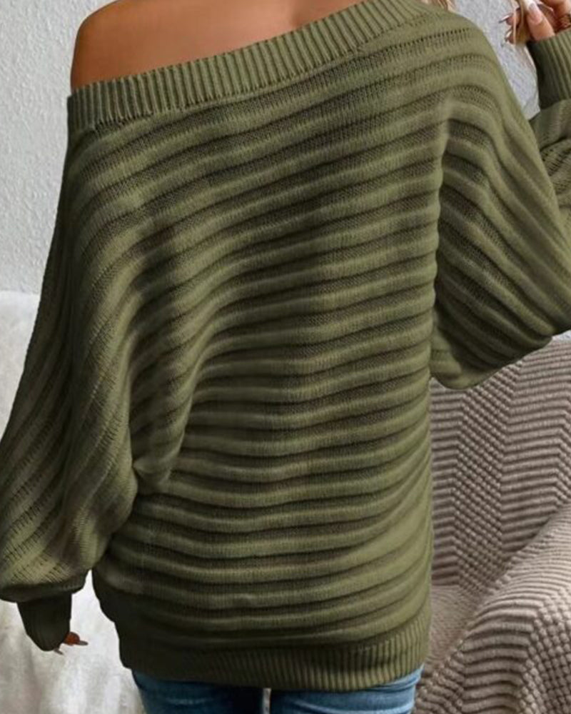 Ensfarvet ribstrikket off-shoulder sweater