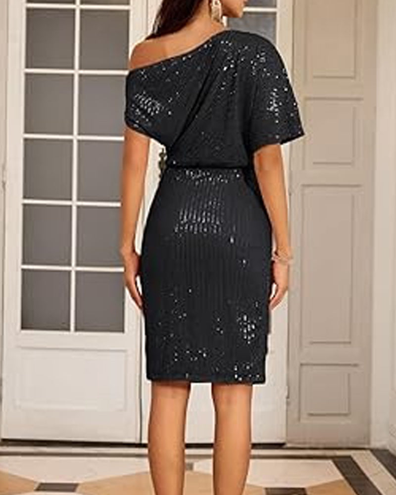 V-hals off-shoulder elegant kjole med pailletter
