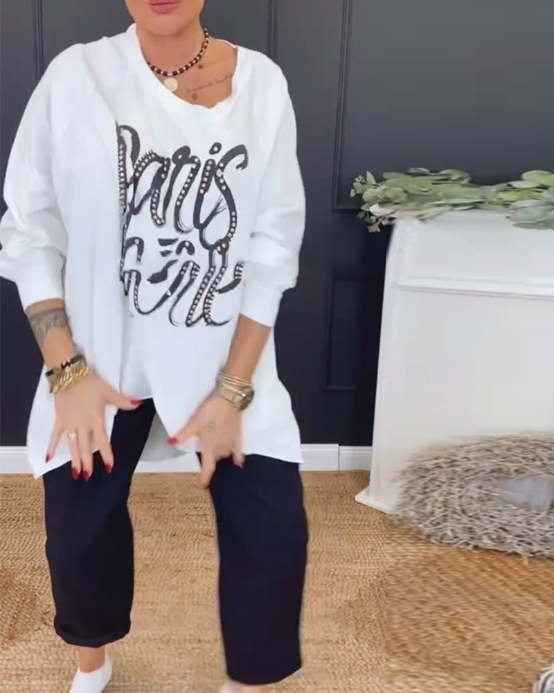 Top Rund Hals Uregelmæssig Bogstavtryk