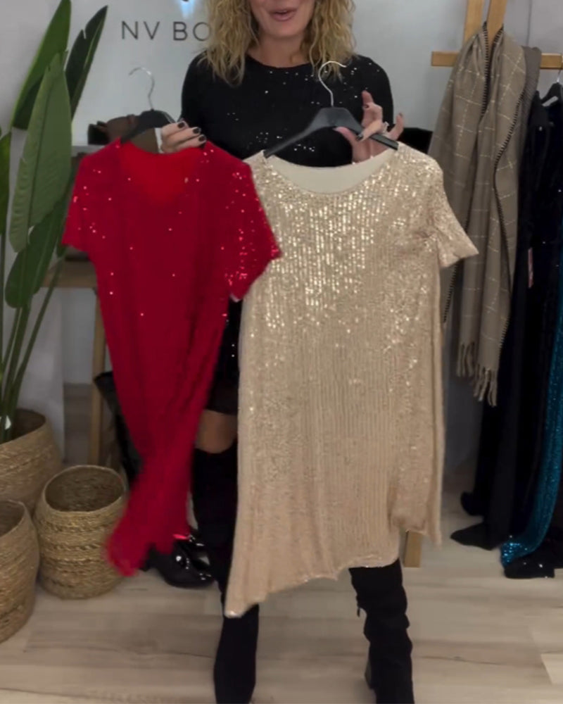 Elegant rundhalset kjole med pailletter