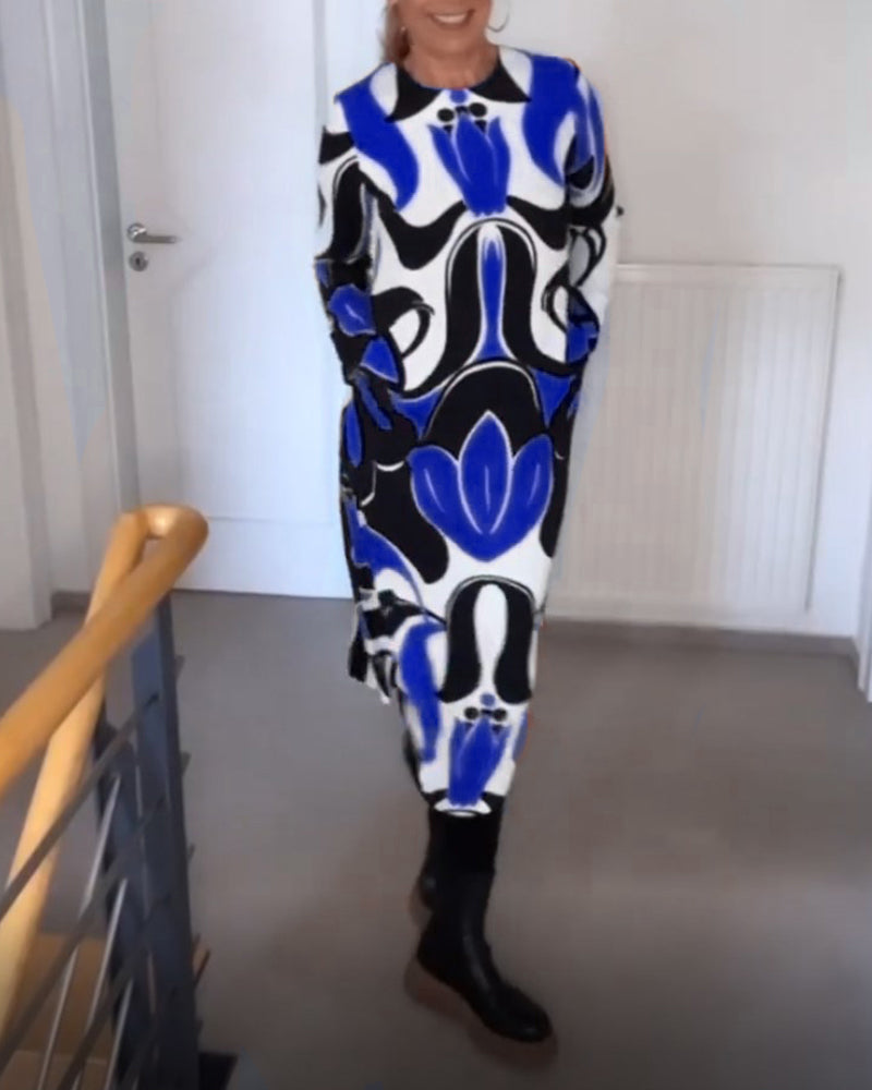 Trykt kjole med rund hals